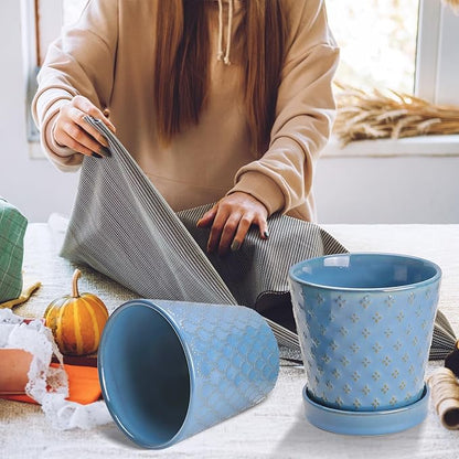 Plant Pots, 5 Inch Pots for Indoor Plants, Planters with Drainage Hole and Saucer, Ceramic Flower Pots Desktop Office Windowsill Decoration Gift Set of 4 - Sky Blue