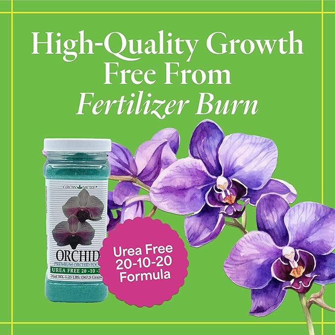 Grow More Premium Urea Free 20-10-20 Orchid Food Fertilizer - 1.25lbs of Water Soluble Orchid Fertilizer for Longer, Healthier, and More Beautiful Blooms Year Round