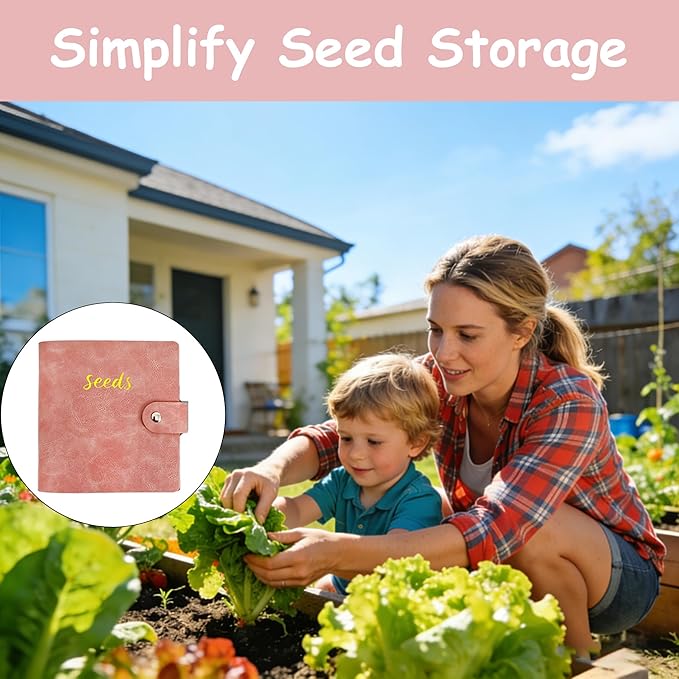 Seed Storage Organizer Binder, PU Seed Packet Organizer with 50 Clear Pockets(25 Pack Sheet Sleeves) and 50 Pack Seed Envelopes, Garden Seed Holder Book, Pink Flower Plant Seed Keeper
