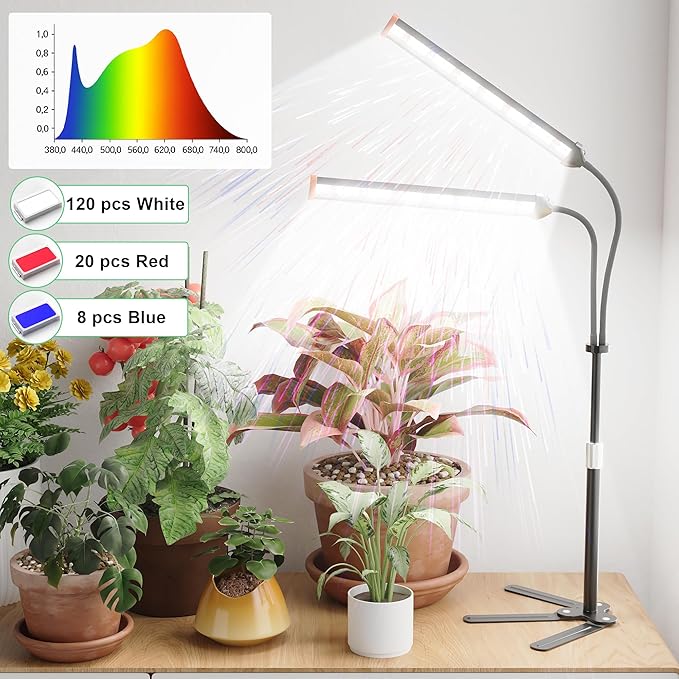 GooingTop Grow Light for Indoor Plants,5000K Full Spectrum Growing Plant Lamp with White Red Blue LED for Pots Succulents Seed Starting,Height Adjustable 10-32'' with Optional Dimming & Timer
