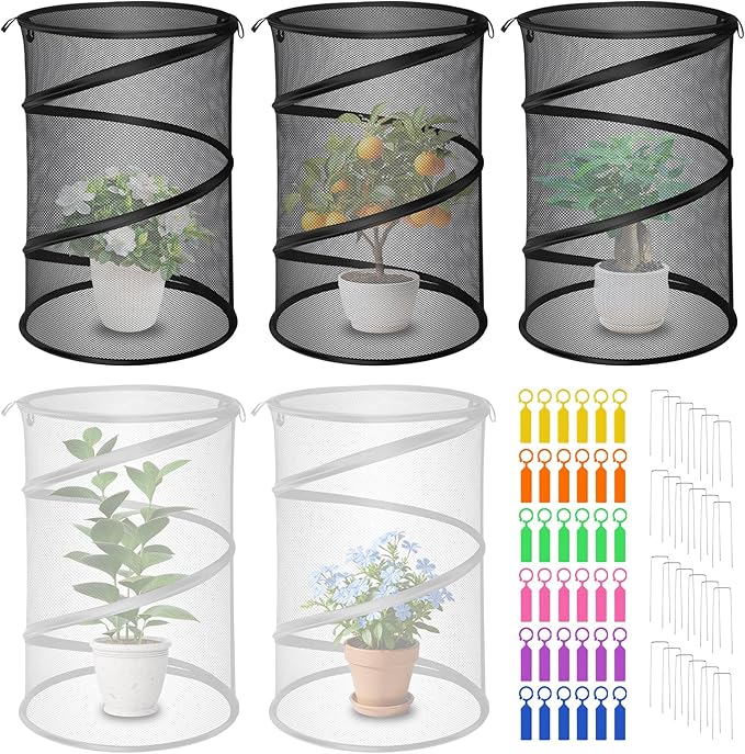 5 Pack Pop Up Plant Covers from Animals (3 Black 2 White) 13''D x 20''H Mesh Plant Covers with 24 Stakes 36 Color Labels, Plant Protector from Insects for Vegetables, Flowers, Seedlings