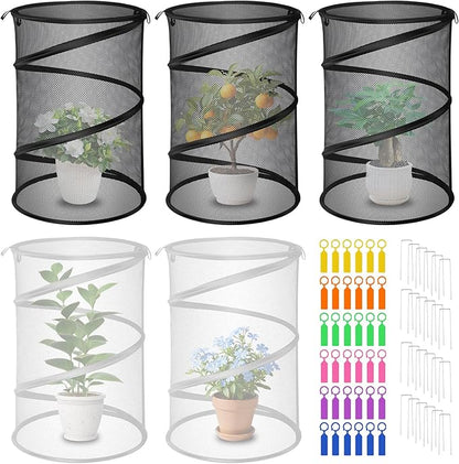5 Pack Pop Up Plant Covers from Animals (3 Black 2 White) 13''D x 20''H Mesh Plant Covers with 24 Stakes 36 Color Labels, Plant Protector from Insects for Vegetables, Flowers, Seedlings