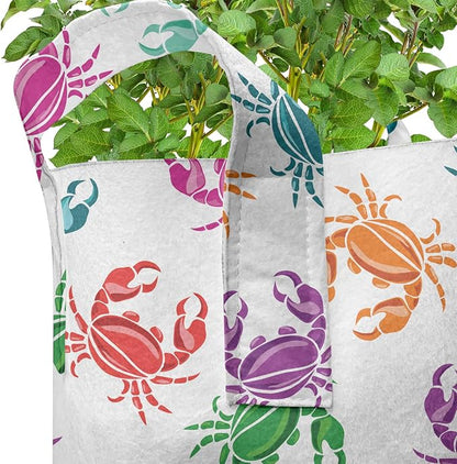 Lunarable Sea Animals Grow Bags 5-Pack, Crabs Lively Colors, Heavyduty Fabric Pots with Handles for Plants, Orange Teal