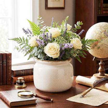 7.7″ Large Vintage Ceramic Plant Pot Pure Beige Rustic Planter with Ice Crackle Glaze & Drainage Hole for Indoor Outdoor Plants Farmhouse Home Kitchen Office Decor Gift for Women Teacher