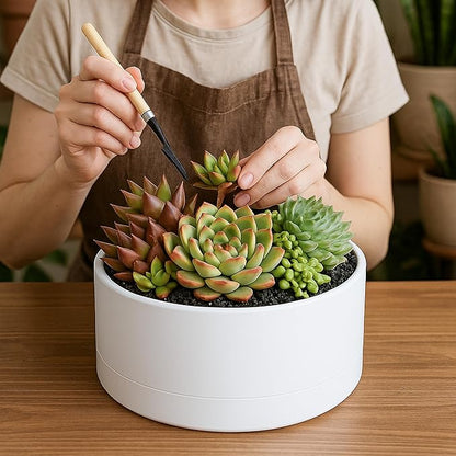D'vine Dev 10 Inch Plastic Shallow Planter, Large Round Succulent Plant Pot with Drainage Hole and Sauce, Decorative Bonsai Pot for Indoor Plants, White, 76-Z-A-2