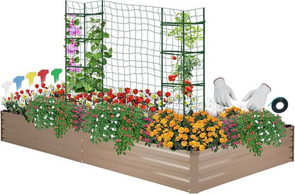 ONCEMORE Galvanized Raised Garden Bed for Vegetables Flowers Herbs, Metal Raised Garden Bed Kit with 2 PCS Tomato Cage, Gloves, Trellis Netting, Plant Labels, Plant Ties, Brown 8×4×1FT
