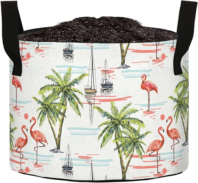3 Gallon Flamingo Tropical Palm Trees Heavy Duty Grow Bag Breathable Planter Pot Containers with Handles for Potato Tomato Fruits Vegetables Flowers