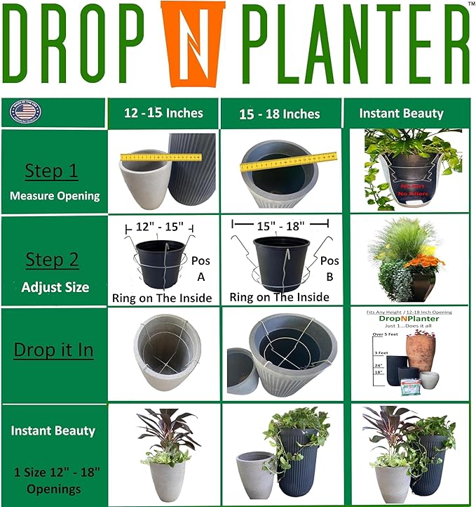 Premium Adjustable Planter Insert. Start at The TOP/Any Height Flower Pot. Any Opening 12-18 Inches Wide - Patented Fit, Stable, No Tools, Watch The Video & Drop IT in..Made in The USA