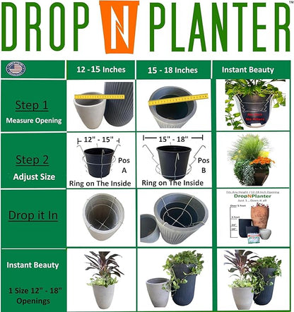 Premium Adjustable Planter Insert. Start at The TOP/Any Height Flower Pot. Any Opening 12-18 Inches Wide - Patented Fit, Stable, No Tools, Watch The Video & Drop IT in..Made in The USA