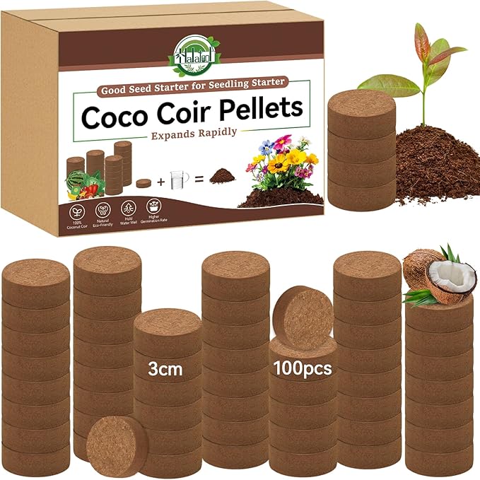 Halatool 100 Pcs 30mm Organic Coco Coir Pellets Seed Starter Soil, Compressed Coconut Coir Potting Soil Discs for Planting Vegetables, Fruits, Flowers