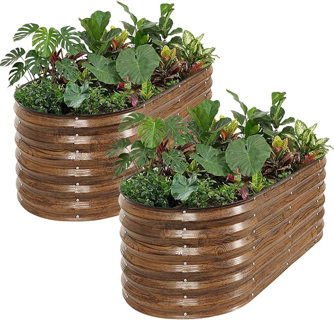 ZORMY Galvanized Raised Garden Bed Outdoor- 2PCS 4x2x1.4ft Oval Steel Raised Beds for Gardening, Metal Planter Box with Protective Strip and Gloves for Vegetables, Flowers, Fruits(Brown)