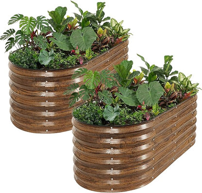 ZORMY Galvanized Raised Garden Bed Outdoor- 2PCS 4x2x1.4ft Oval Steel Raised Beds for Gardening, Metal Planter Box with Protective Strip and Gloves for Vegetables, Flowers, Fruits(Brown)