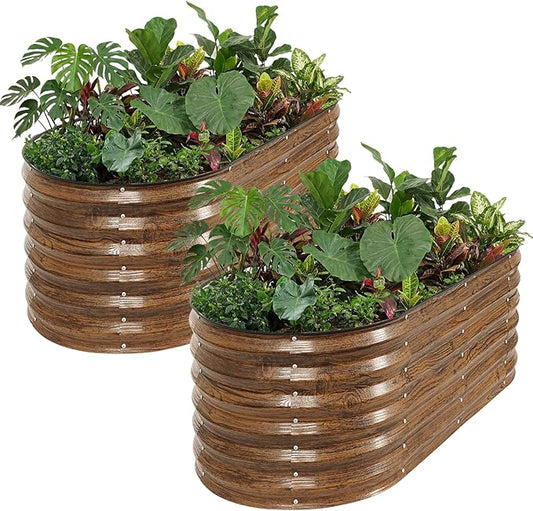 ZORMY Galvanized Raised Garden Bed Outdoor- 2PCS 4x2x1.4ft Oval Steel Raised Beds for Gardening, Metal Planter Box with Protective Strip and Gloves for Vegetables, Flowers, Fruits(Brown)