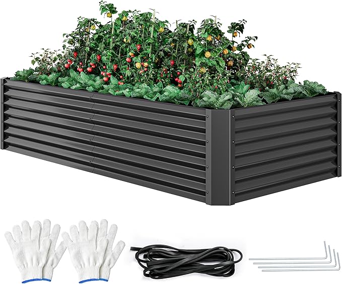 DWVO 8 x 4 x 1.5 FT Raised Garden Bed Kit, Outdoor Galvanized Flower Bed with Safety Rubber and Gloves, Large Metal Planter Box for Vegetables, Flowers, Herbs, Fruits, Black