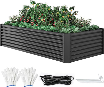 DWVO 8 x 4 x 1.5 FT Raised Garden Bed Kit, Outdoor Galvanized Flower Bed with Safety Rubber and Gloves, Large Metal Planter Box for Vegetables, Flowers, Herbs, Fruits, Black