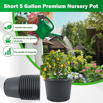 Short 5 Gallon Pot for Plants, Sturdy Plastic Planter Pots with Drainage Holes, Large Plastic Planters, for Seedlings, Succulents