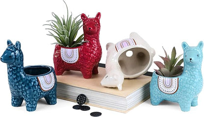 Cute Alpaca Succulent Pots, 4 Pc. Set Animal Planter, Decorative Ceramic Planters for Natural Indoor Gardens and Cacti, Colorful Office and Home Decor for Living Room, Kitchen, or Desk