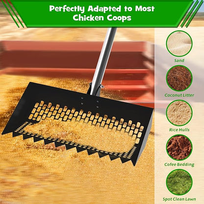 Chicken Poop Scooper & Rake 2-in-1 – 12 Inch Shovel Head & 3-Angle Adjustable Stainless Steel Handle, Chicken Litter Scoop and Coop Rake & Sand Sifting Shovel for Chicken Coops, Black
