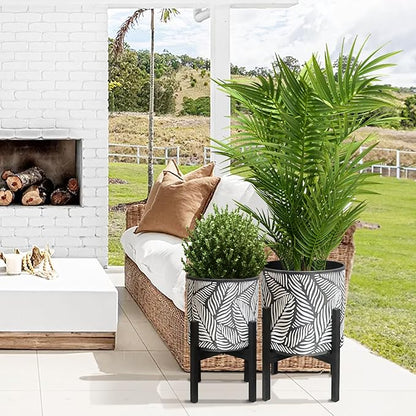10 & 12 Inches Plant Pot with Stand Set of 2, Decorative Palm Leaves Printing Planter with Holder, Garden Pot for Snake Plant, Monstera, Houseplants - Indoor Outdoor Flower Pots with Drainage Holes
