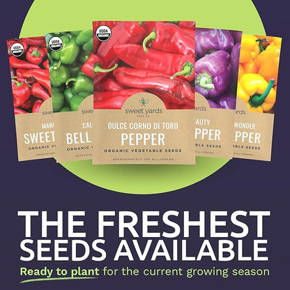 Organic Sweet Pepper Seeds Variety Pack - 5 Individual Packs - 2026 Season - Red, Yellow, Green and More! for Indoor & Outdoor Planting (Non-GMO, Certified Organic)