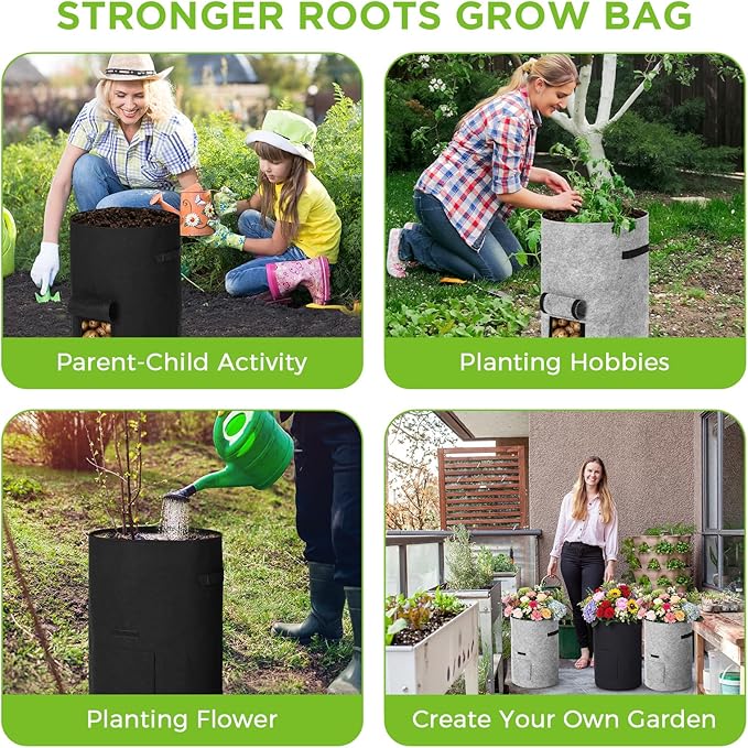 4 Pack 30 Gallon Potato Grow Bags with Harvest Window, Durable Garden Planter Bags with Handles for Potatoes, Tomatoes, and Vegetables - Indoor & Outdoor Gardening Supplies (Black,Gray)