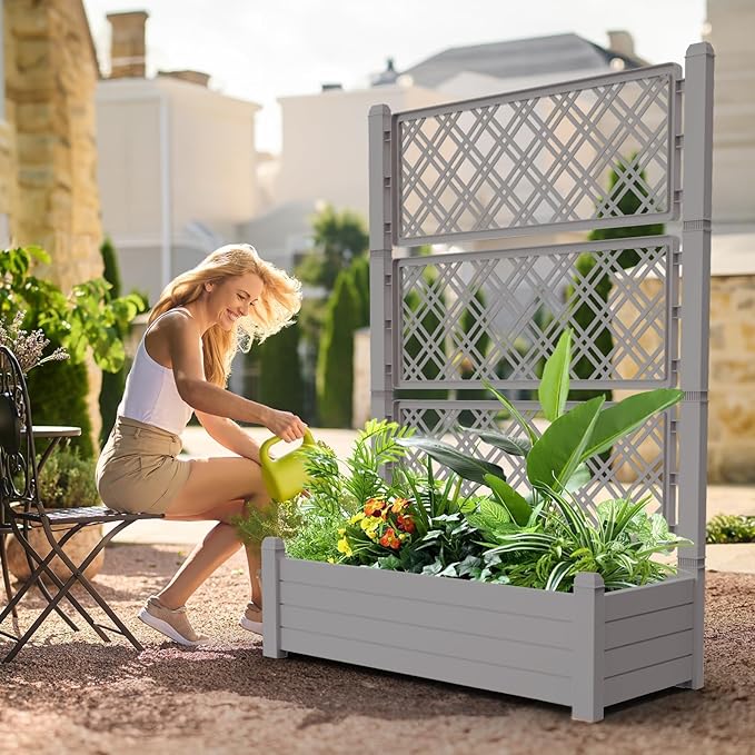 Raised Garden Bed with Trellis for Climbing Plants, 43.43" L x 18.27" W x 59.29" H Self Watering Planter Box with Drainage Holes for Outdoor Backyard Patio Balcony, Anti-Rust Resin (Grey)
