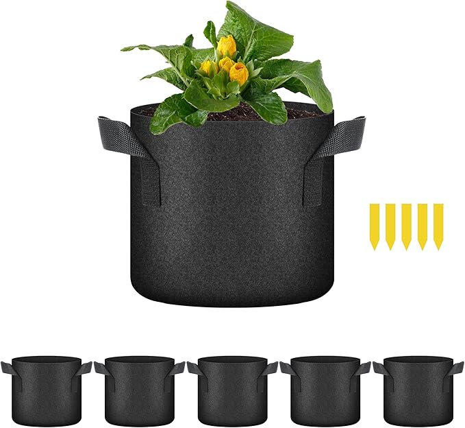 HealSmart Plant Grow Bags 2 Gallon, Tomoato Planter Pots 5-Pack with Handles, Aeration Nonwoven Fabric, Heavy Duty Gardening Planter for Vegetable, Herbs and Flowers, Black 2024 Version