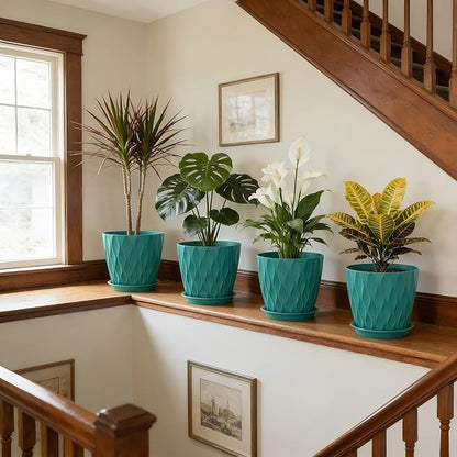 8 Inch Plant Pots, 4 Pack Plastic Planters for Indoor Outdoor with Drainage Holes & Saucers, Waffle Texture Flower Pots for Indoor Plants, Indoor Plant Pots for Monstera, Fiddle Leaf Fig Blue