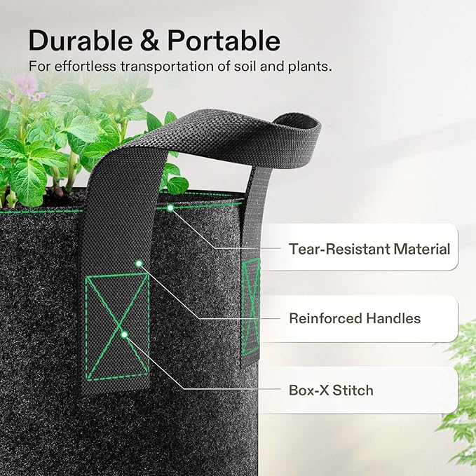 VIVOSUN 20-Pack 3 Gallon Grow Bags, Heavy Duty Thickened Nonwoven Fabric Pots with Handles for Flowers Fruits and Vegetables Black