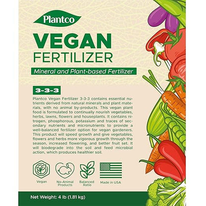 Vegan Fertilizer Mix with Plant-Based Ingredients | Cruelty-Free, No Animal by-Products | All-Purpose Granular Fertilizer NPK 3-3-3 with Other Nutrients | 4 lb Bag
