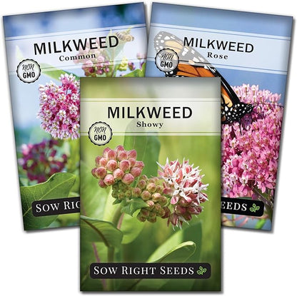 Sow Right Seeds - Milkweed Seed Collection - Varieties Included: Common, Rose and Showy Milkweed, Attracts Monarch and Other Butterflies to Your Garden - Non-GMO Heirloom Packet to Grow