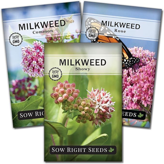 Sow Right Seeds - Milkweed Seed Collection - Varieties Included: Common, Rose and Showy Milkweed, Attracts Monarch and Other Butterflies to Your Garden - Non-GMO Heirloom Packet to Grow