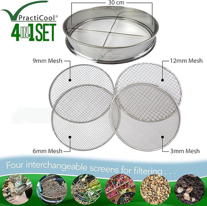 Garden Potting Mix Sieve - Stainless Steel Riddle - Soil sifting pan - with 4 Interchangeable Filter mesh Sizes - 3,6,9,12 mm and Bonus Spade