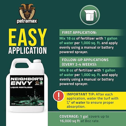 PetraMax Neighbor’s Envy Grass Fertilizer for Lawn & Garden, 64 Ounce Covers up to 8,000 sq.ft. 7-in-1 Liquid Lawn Fertilizer Concentrate for Deep Green Turf - Includes Nitrogen/Iron/Humic/Sea Kelp