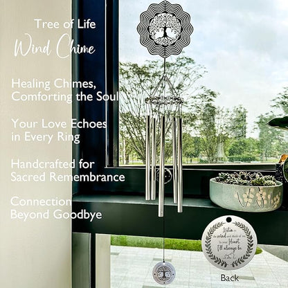 Tree of Life Memorial Wind Chimes - Sympathy Gifts for Loss of Loved One, Outdoor Windchime in Memory of Mom/Dad with Keepsake Card and Gift Box