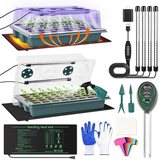 2 Pack 80 Cells Seed Starter Tray with Grow Light & Heat Mat, Plant Seed Starter Kit with Humidity Domes, Automatic Timer, and Adjustable Brightness for Indoor Greenhouse Gardening