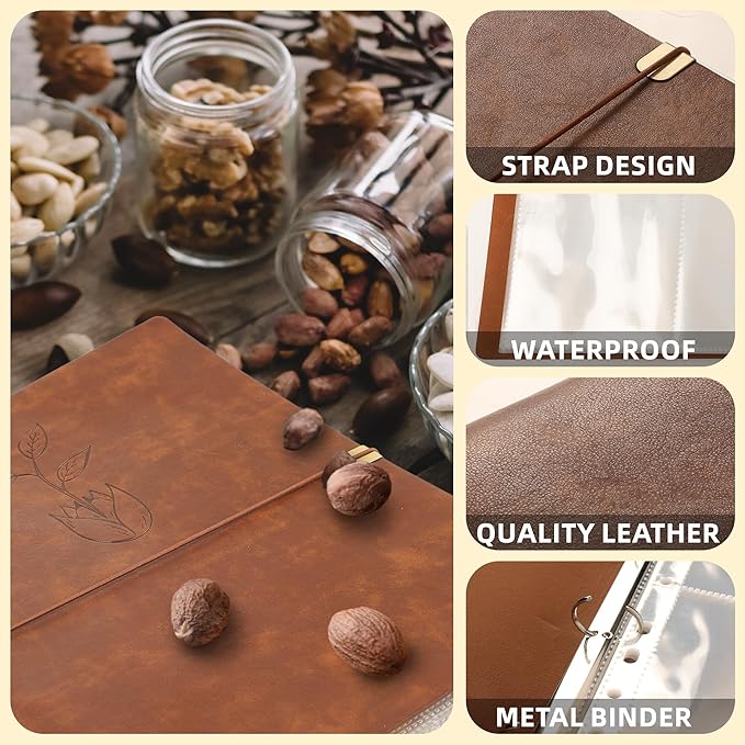 U0U Seed Storage Organizer Binder,Seed Packet Organizer with 50Pcs Garden Envelopes and 25 Clear Pocket Sheets,Seed Storage Binder Kit for Protecting Vegetable Seeds (Brown, 9.8 x 12inch)