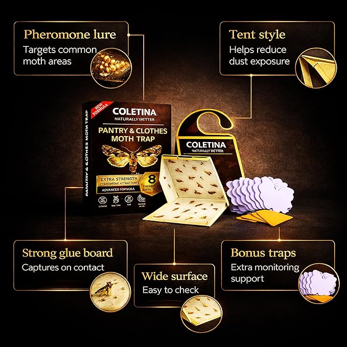 Coletina Moth Trap for Clothes Pantry Moth Traps with pheromones Pack of 8 Odorless Adhesive Boards for Closet Wardrobe Pantry Food Storage Indoor Home Control Plus 8 Insect Traps 24/7 Protection