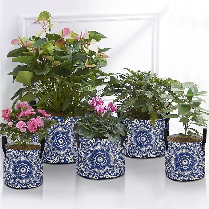 ALAZA Blue Mandala Pattern Plant Grow Bag 5 Gallon,Round Fabric Plants Pots with Handle for Vegetable Flower Garden Home Decor