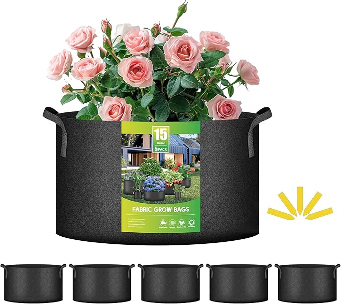 iPower 5-Pack 15 Gallon Grow Bags Heavy Duty Thickened Aeration Nonwoven Fabric Pots with Nylon Handles and 5 Labels for Planting Vegetables, Fruits, Flowers, Black
