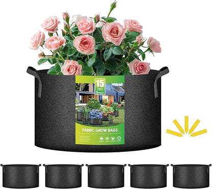 iPower 5-Pack 15 Gallon Grow Bags Heavy Duty Thickened Aeration Nonwoven Fabric Pots with Nylon Handles and 5 Labels for Planting Vegetables, Fruits, Flowers, Black