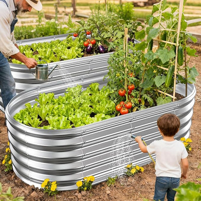 17" Tall Outdoor Garden Raised Garden Bed Kits, 4ft X 2ft Oval,0.8MM Thick Metal Raised Planter Bed/Ground Planter Box for Variety of Flowers,Herbs,Vegetables (Silver, 48X24X16.5 Inches)