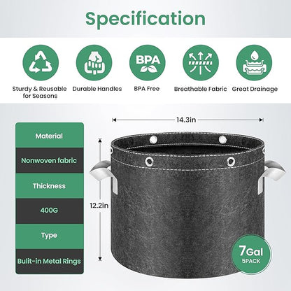 InfiniPower 10 Pack 7 Gallon Plant Grow Bags, 400G Thick Nonwoven Fabric Pots with Multi-Purpose Rings and Handles, Reusable for Low Stress Plant Training Fruits, Vegetables and Flowers