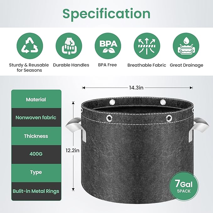 InfiniPower 7 Gallon 5 Pack Plant Grow Bags, 400G Thick Nonwoven Fabric Pots with Multi-Purpose Rings and Handles, Reusable for Low Stress Plant Training Fruits, Vegetables and Flowers