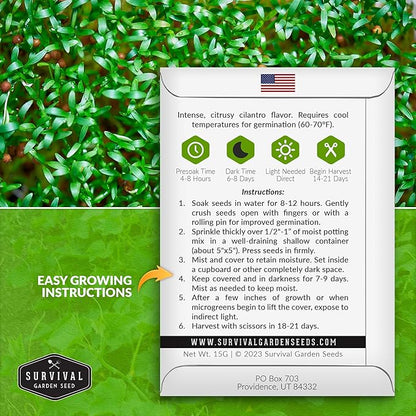Cilantro Microgreen Seeds for Planting – Non-GMO Heirloom Cilantro Seeds to Grow Fresh, Flavorful Microgreens – Indoors or Hydroponic – Fast Germination – Survival Garden Seeds (1 Pack)