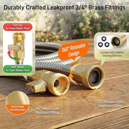 Garden Hose, 25ft 5/8" Stainless Steel Water Hose w/ 10-Mode Spray Nozzle, On/Off Valve, 523 PSI Burst, Anti-Kink, Lightweight All-Weather Flexible, Leakproof 3/4" Brass Male to Female Fittings