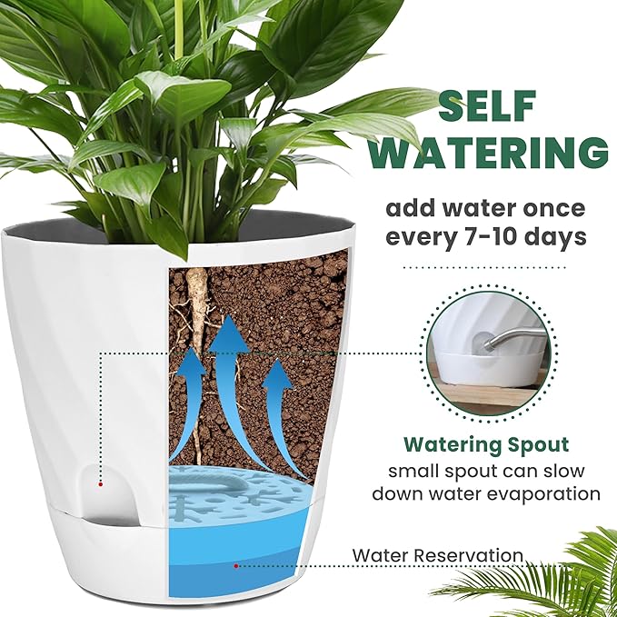 Plant Pots with Drainage, Self Watering Pots for Indoor Plants, Home Decor Flower Planters, 4 Pack 6 Inch Plastic Planters Succulent Pots, White