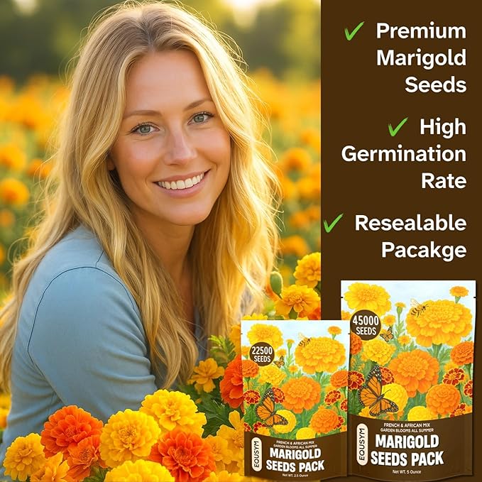 22,500+ Bulk Marigold Seeds Mix Cempasúchil - Tagetes erecta & T. patula｜High Germination Rate, Resealable Pouch, Flower Seeds for Beds, Borders & Companion Planting (2.5oz)