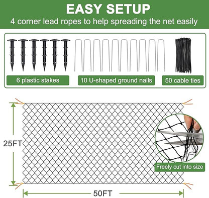 DQS Bird Net - 25' x 50' Garden Netting with 2.4" Square Mesh Protect Fruit Tree, Plant and Vegetables from Poultry, Deer and Pests, Heavy Duty Bird Netting for Garden, Farm, Orchard