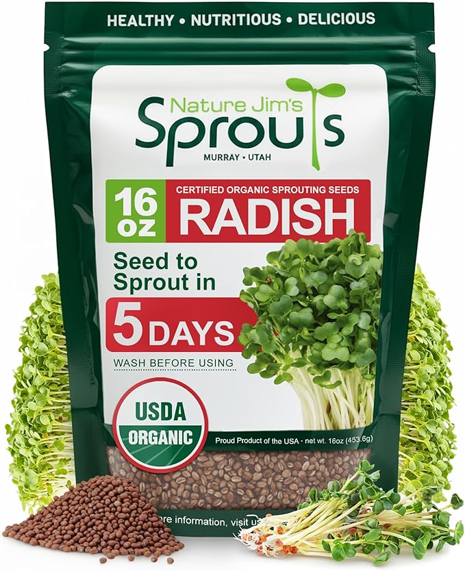 Nature Jims Organic Radish Sprout Seeds – 16 Ounce Premium Non-GMO Radish Seeds for Sprouting, Rich in Vitamins, Minerals, Fiber & Protein – Microgreen & Sprout Seeds for Home Growing